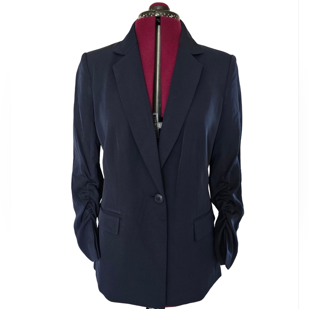 NWT Calvin Klein Women's Navy Rouched Sleeve Blazer Size 8 Career Work Business